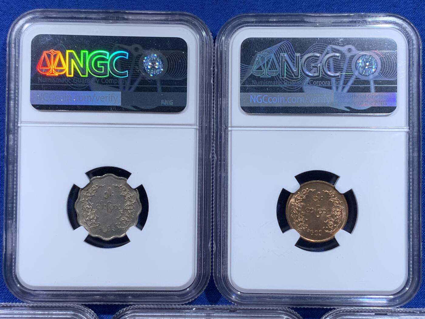 《竞宝斋》第441场 周日，周一，2场连拍 （全场包邮） 五枚一组 NGC MS62/63 缅甸1955-1963年麒麟币，整体品相好，光度足，其中有多个异形币，成套不易。