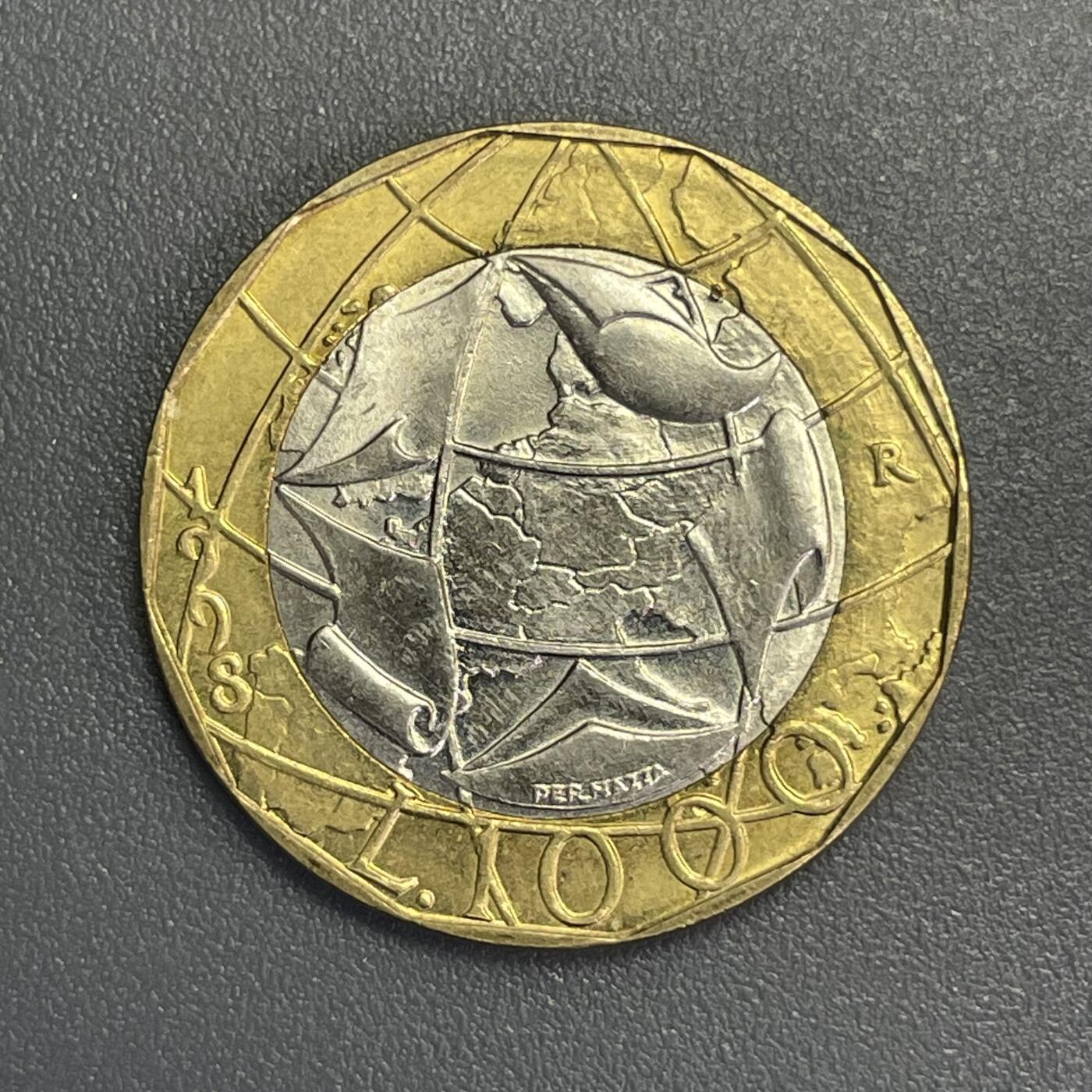 回流1123 意大利1998年1000里拉双色币大面值 统一后的德国地图