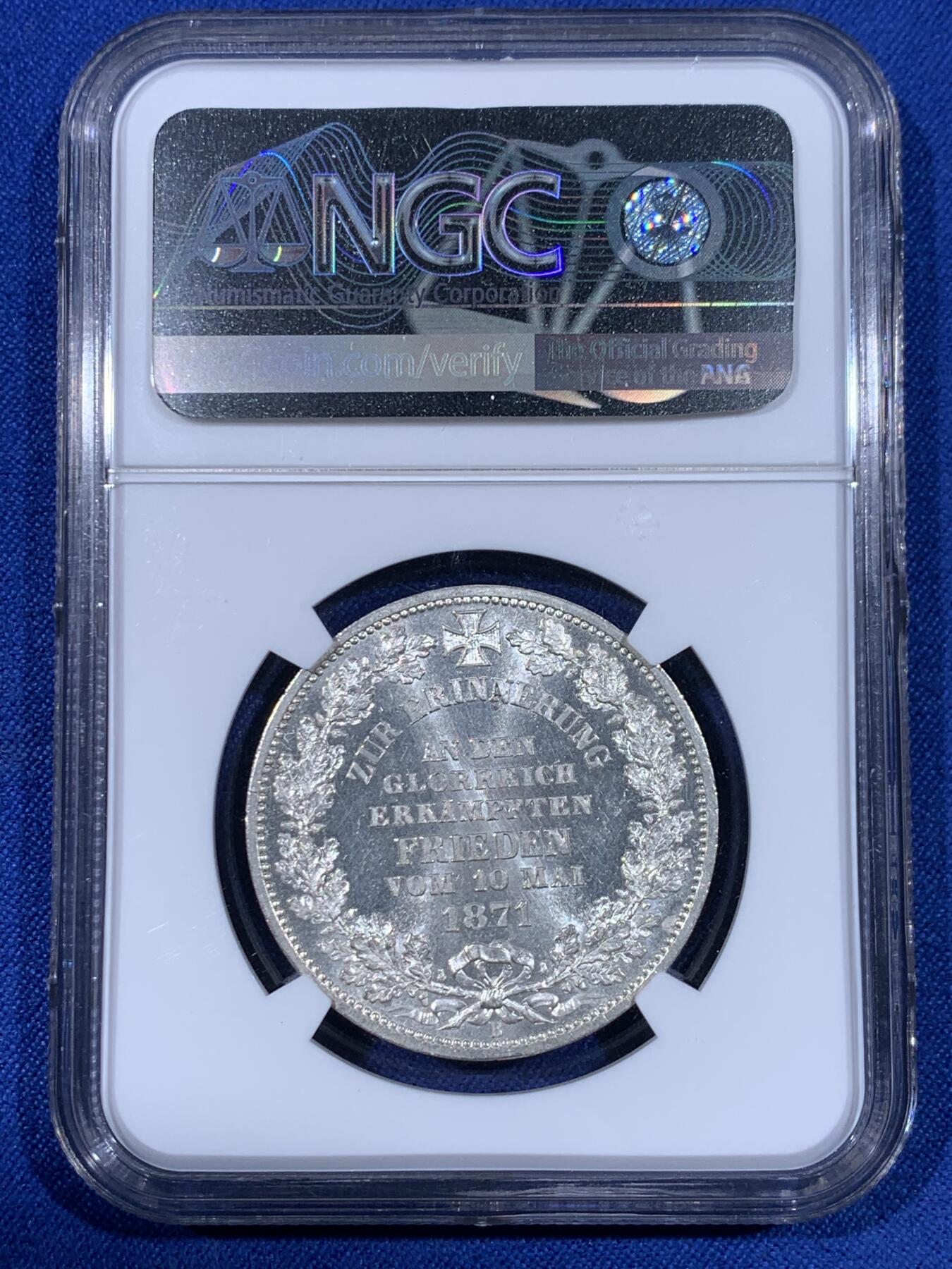 《竞宝斋》第441场 周日，周一，2场连拍 （全场包邮） NGC UNC 德国 不莱梅 1871 胜利泰勒 底板极美，转光养眼，可惜没分