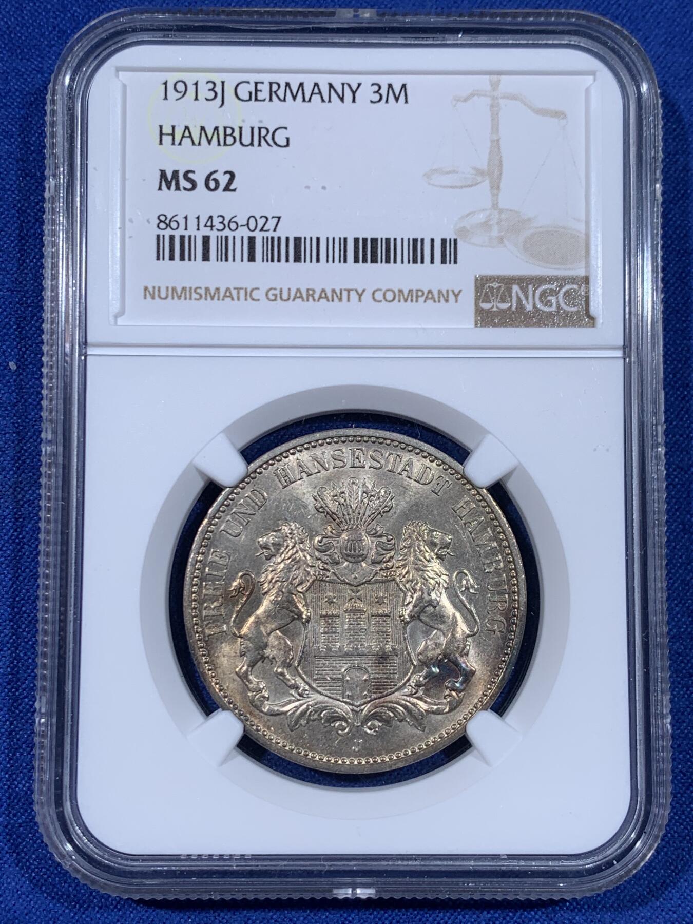 《竞宝斋》第441场 周日，周一，2场连拍 （全场包邮） NGC MS62 德国1913年汉堡双狮3马克银币