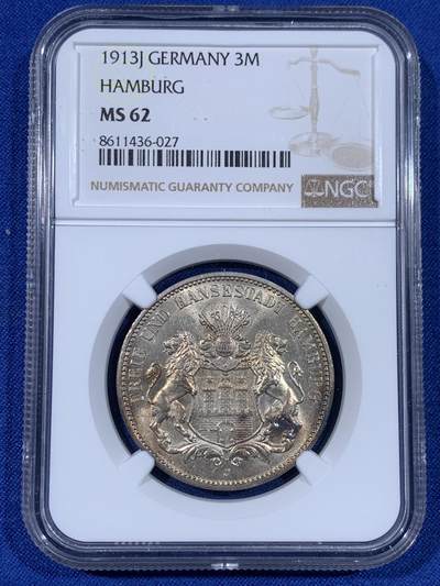 《竞宝斋》第441场 周日，周一，2场连拍 （全场包邮） - NGC MS62 德国1913年汉堡双狮3马克银币
