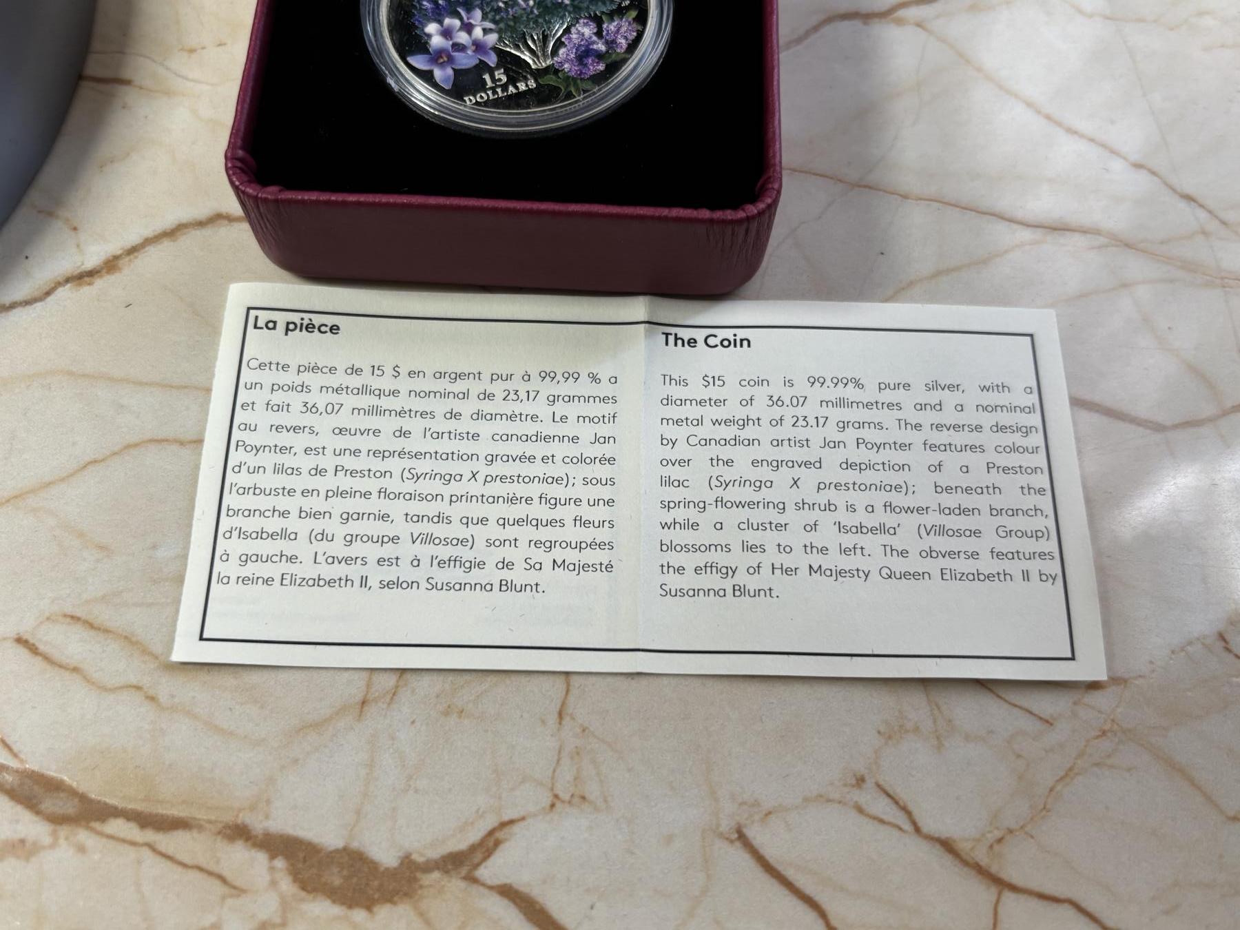 第183期拍卖 加拿大2017年春之祭系列2紫丁香花彩色精制银币原盒证书，9999银，23.17克，发行10000枚