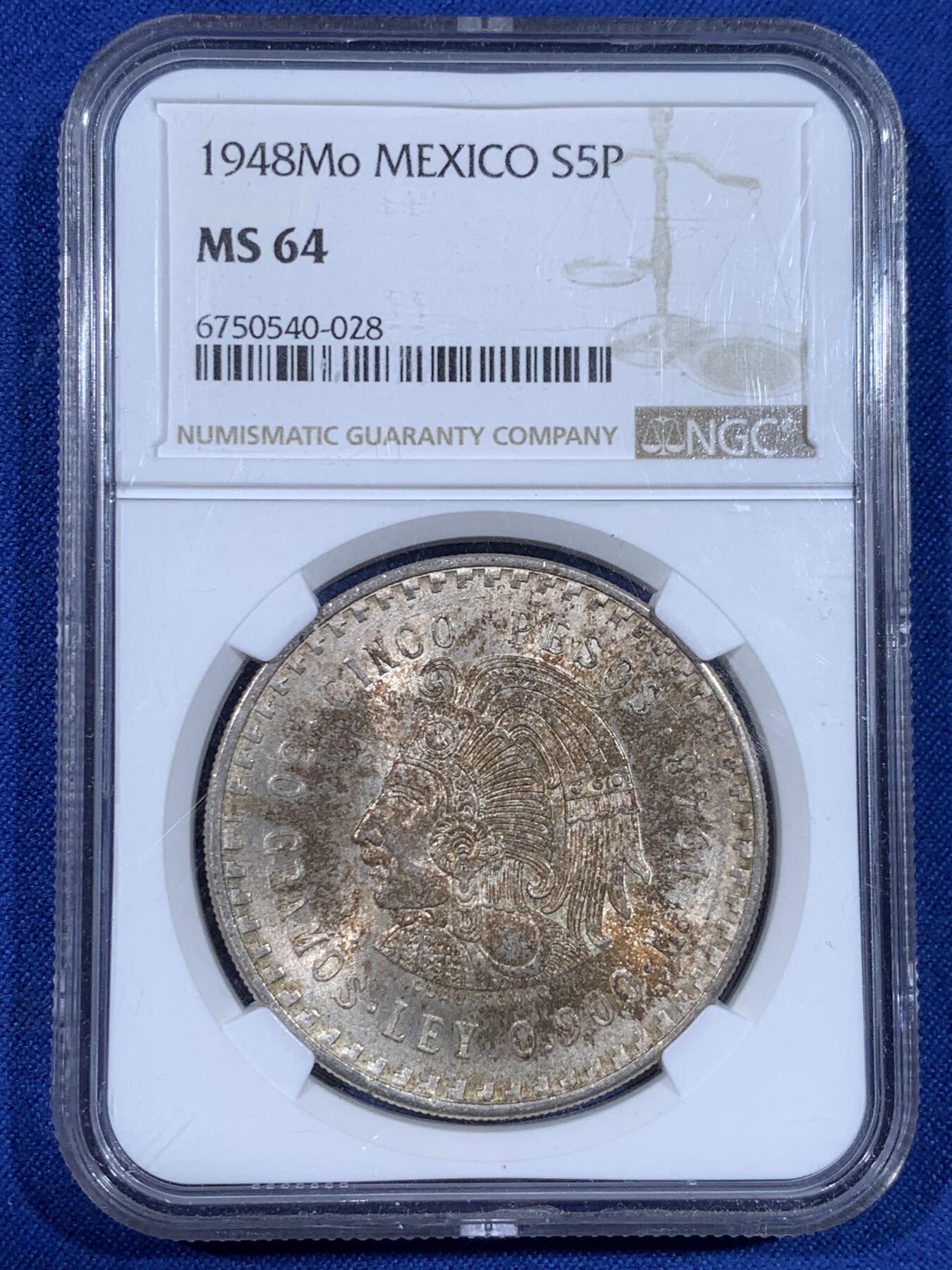 《竞宝斋》第441场 周日，周一，2场连拍 （全场包邮） NGC MS64 墨西哥 1948Mo 酋长5比索 正面的硫化包浆十分好看