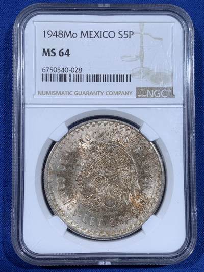 《竞宝斋》第441场 周日，周一，2场连拍 （全场包邮） - NGC MS64 墨西哥 1948Mo 酋长5比索 正面的硫化包浆十分好看