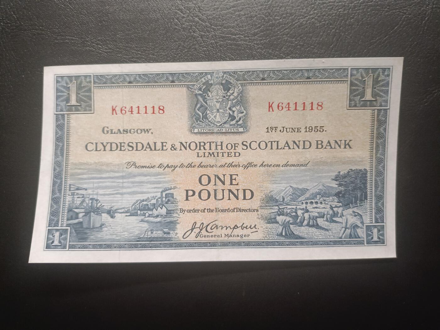 2025十一月第六期，总第204期 苏格兰克莱斯戴勒和北部银行1955年1镑AUNC豹子身111，港口农场和山涧小溪，早期两家银行联合时期发行