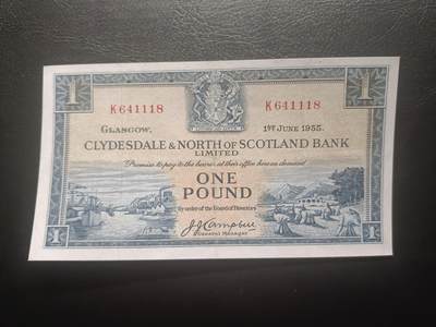 2025十一月第六期，总第204期 - 苏格兰克莱斯戴勒和北部银行1955年1镑AUNC豹子身111，港口农场和山涧小溪，早期两家银行联合时期发行