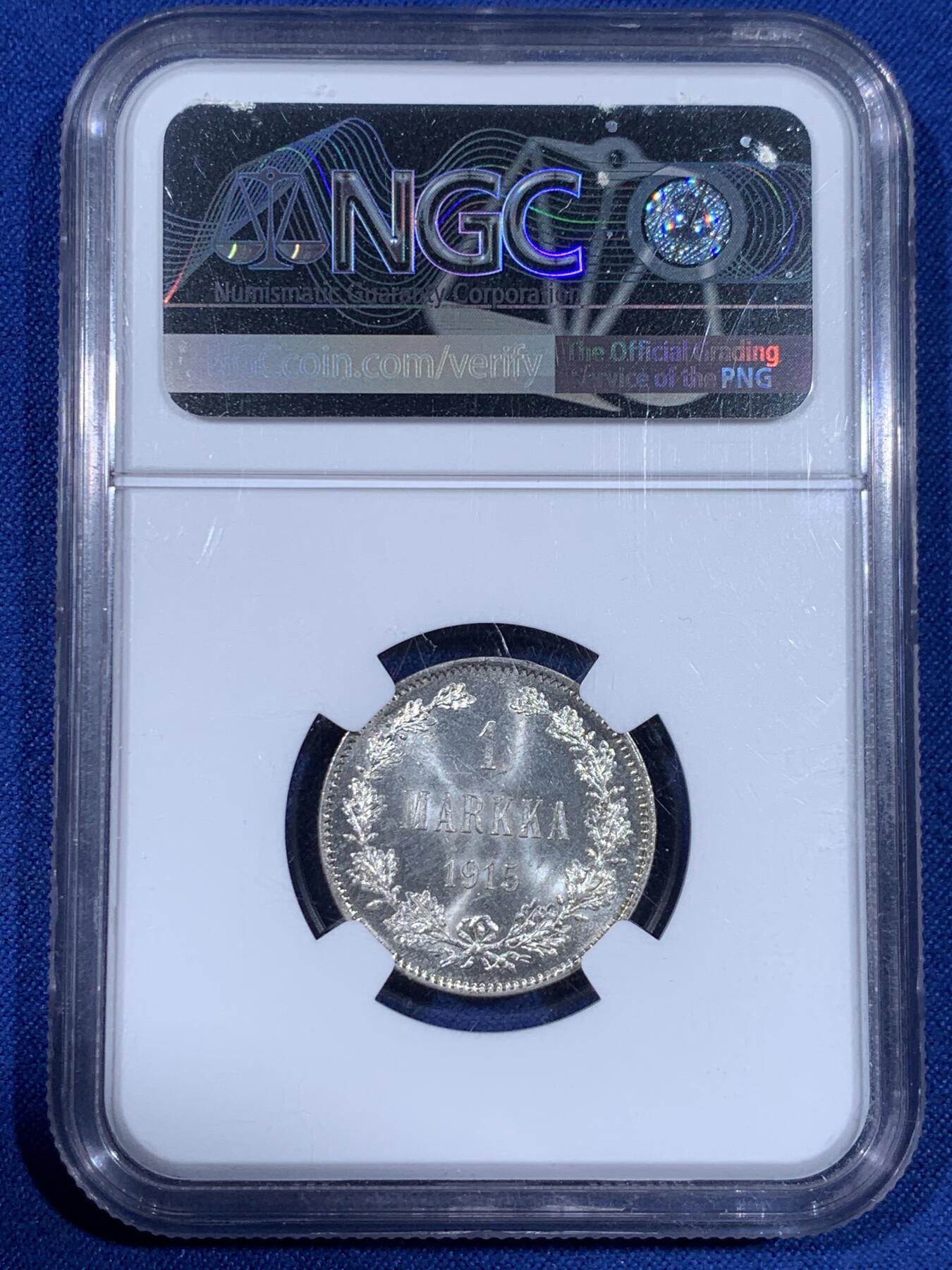 《竞宝斋》第441场 周日，周一，2场连拍 （全场包邮） NGC MS65+ 芬兰大公国1915年1马克银币 精细漂亮的帝俄双头鹰盾徽 超强原光 难得超高分