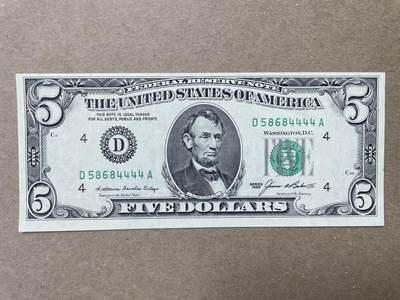 美国1981年5元 克利夫兰联储发行 全新UNC品相 靓号狮子号 D58684444A - 美国1981年5元 克利夫兰联储发行 全新UNC品相 靓号狮子号 D58684444A