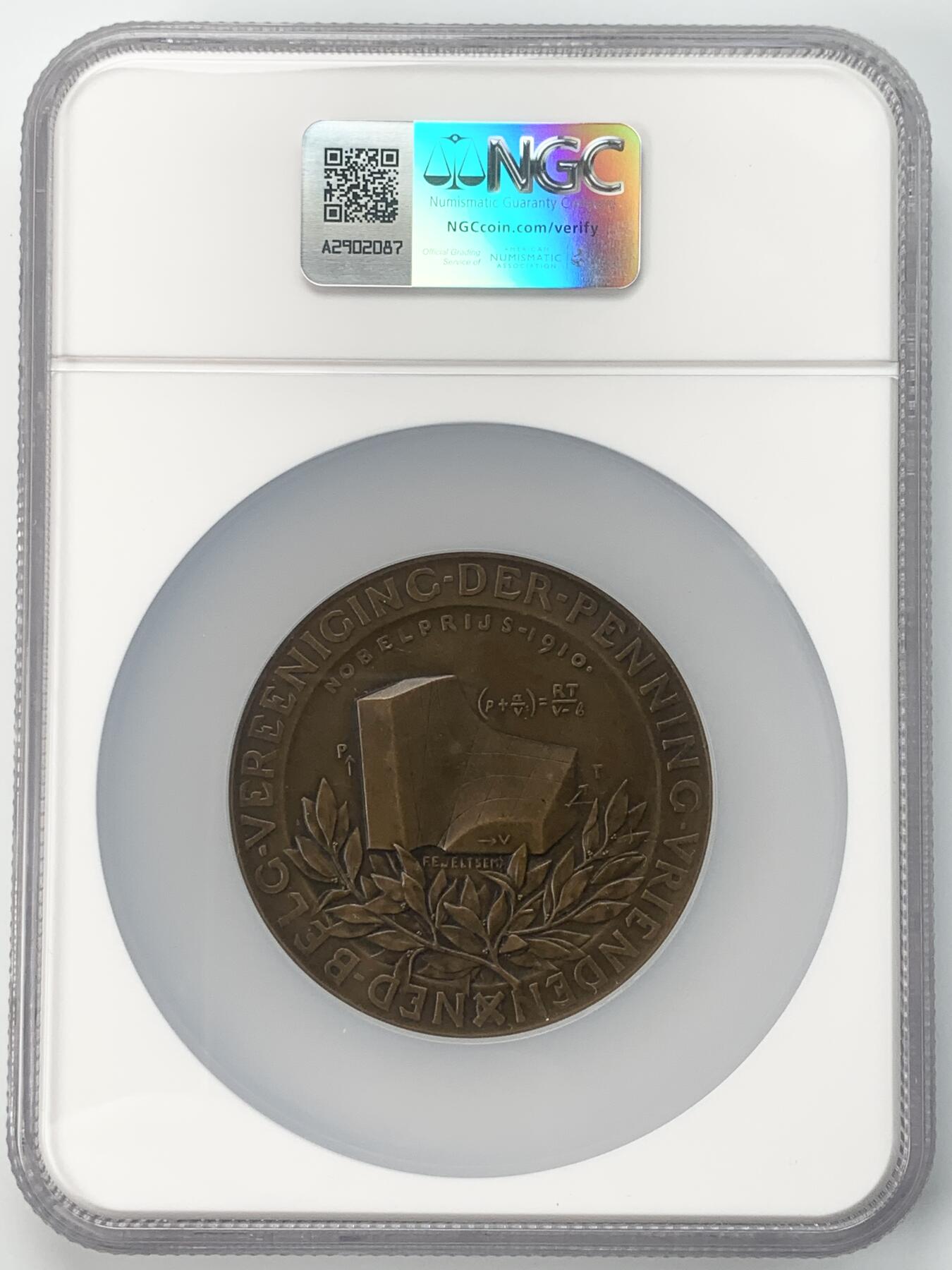 掌中浮雕-藏着的欧洲第043场 NGC MS63 : 1911年荷兰&比利时章牌协会#026 “范德瓦尔斯，诺贝尔物理学奖获得者”，65mm，  雕刻家： Fr. E. Jeltsema