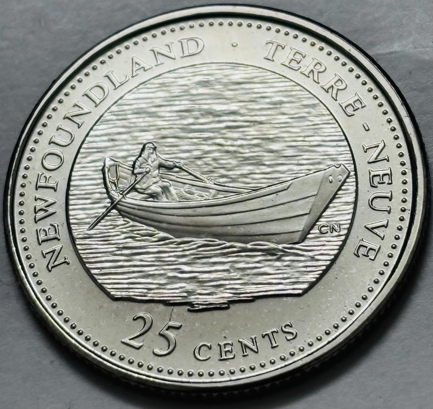 文馨钱币收藏第 282 场，【 长期接收代拍品】，加拿大老铜代用币，银币，德三系列场 少见全新未流通 1992 年加拿大 125 周年安尼夫联邦-纽芬兰 25 分纪念币