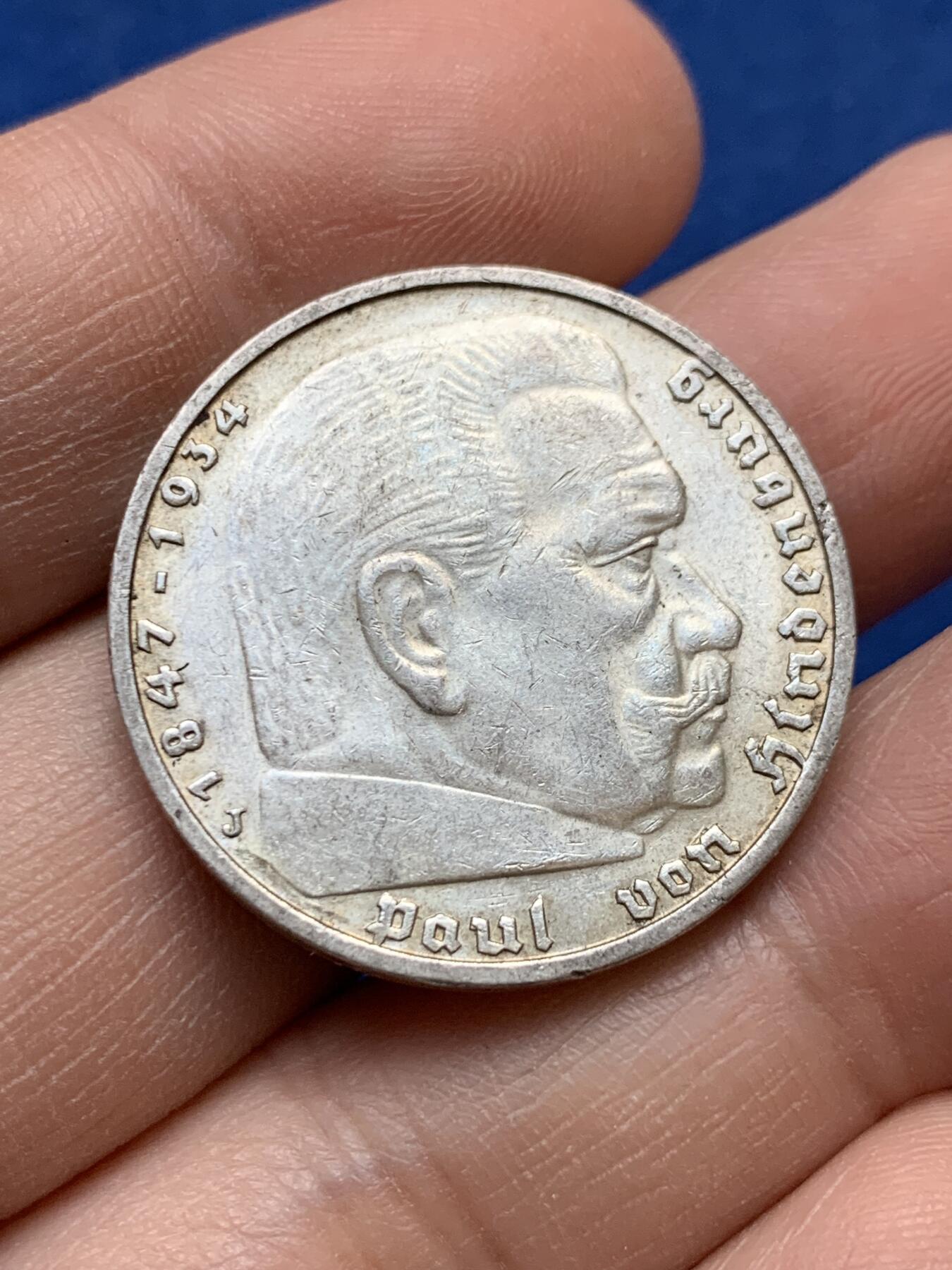 《竞宝斋》第441场 周日，周一，2场连拍 （全场包邮） 德国1939年兴登堡J版5马克银币