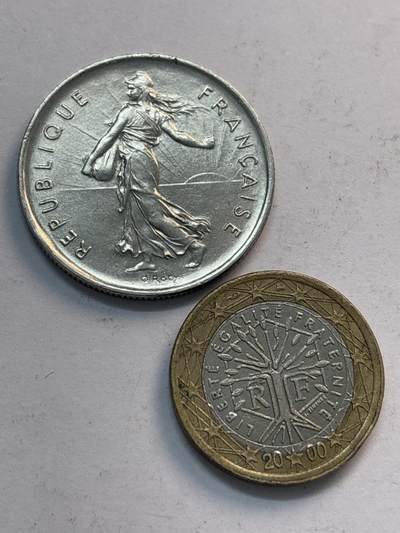 文馨钱币收藏第 282 场，【 长期接收代拍品】，加拿大老铜代用币，银币，德三系列场 - 法国 1 欧元➕5 法郎