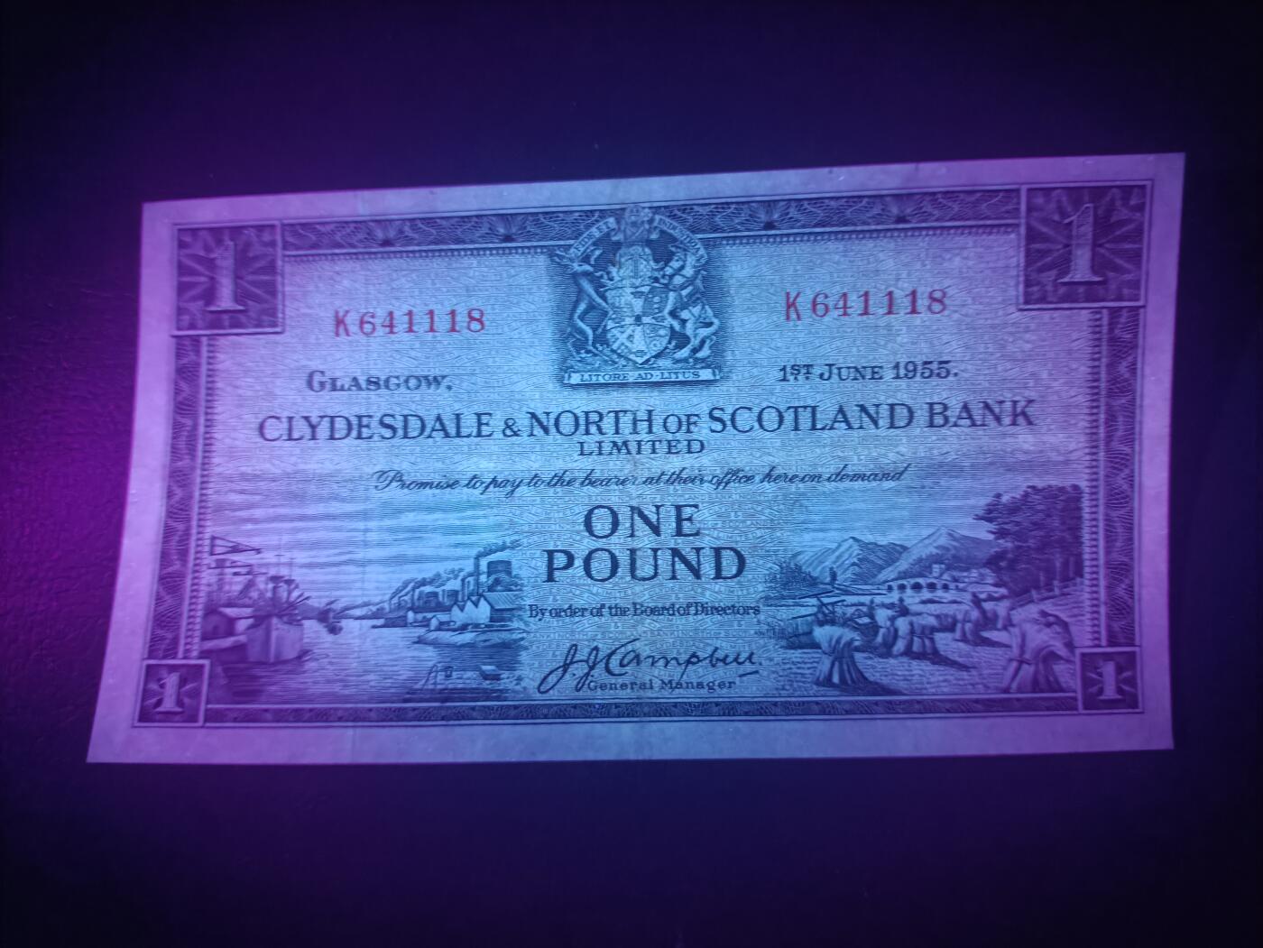2025十一月第六期，总第204期 苏格兰克莱斯戴勒和北部银行1955年1镑AUNC豹子身111，港口农场和山涧小溪，早期两家银行联合时期发行