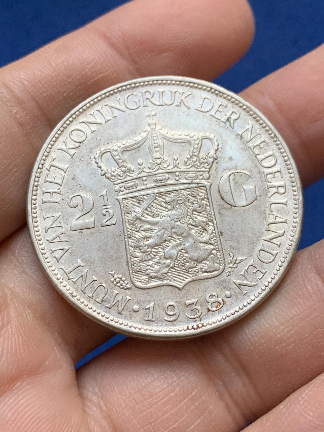 《竞宝斋》第441场 周日，周一，2场连拍 （全场包邮） 荷兰1938年威廉敏娜2.5盾银币