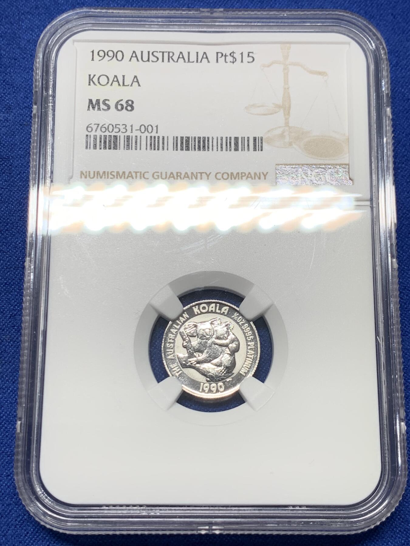 《竞宝斋》第441场 周日，周一，2场连拍 （全场包邮） NGC MS68 澳大利亚 1990年 15元 1/10盎司 PT99.95%铂金币 考拉 少见的小币种铂金币