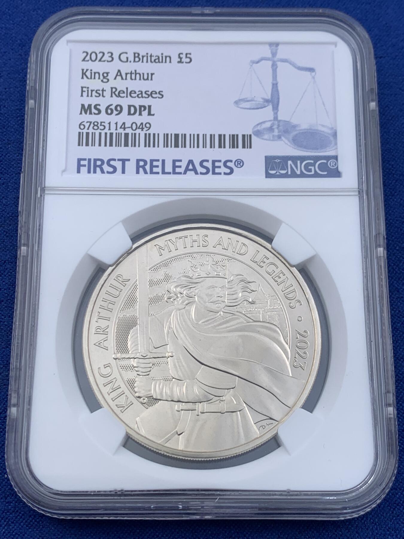 《竞宝斋》第441场 周日，周一，2场连拍 （全场包邮） NGC MS69DPL 英国2023年亚瑟王5英镑