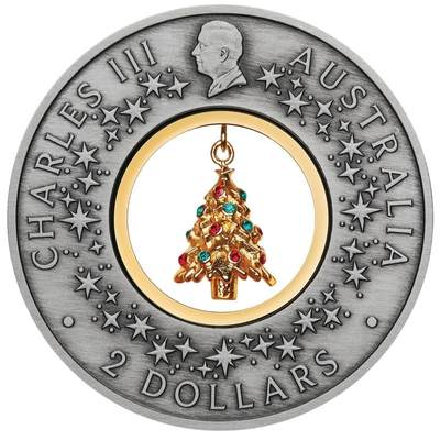【现货】澳大利亚2025年圣诞系列中空镶嵌圣诞树2盎司仿古银币造币厂售罄品种。每年都是热门品种