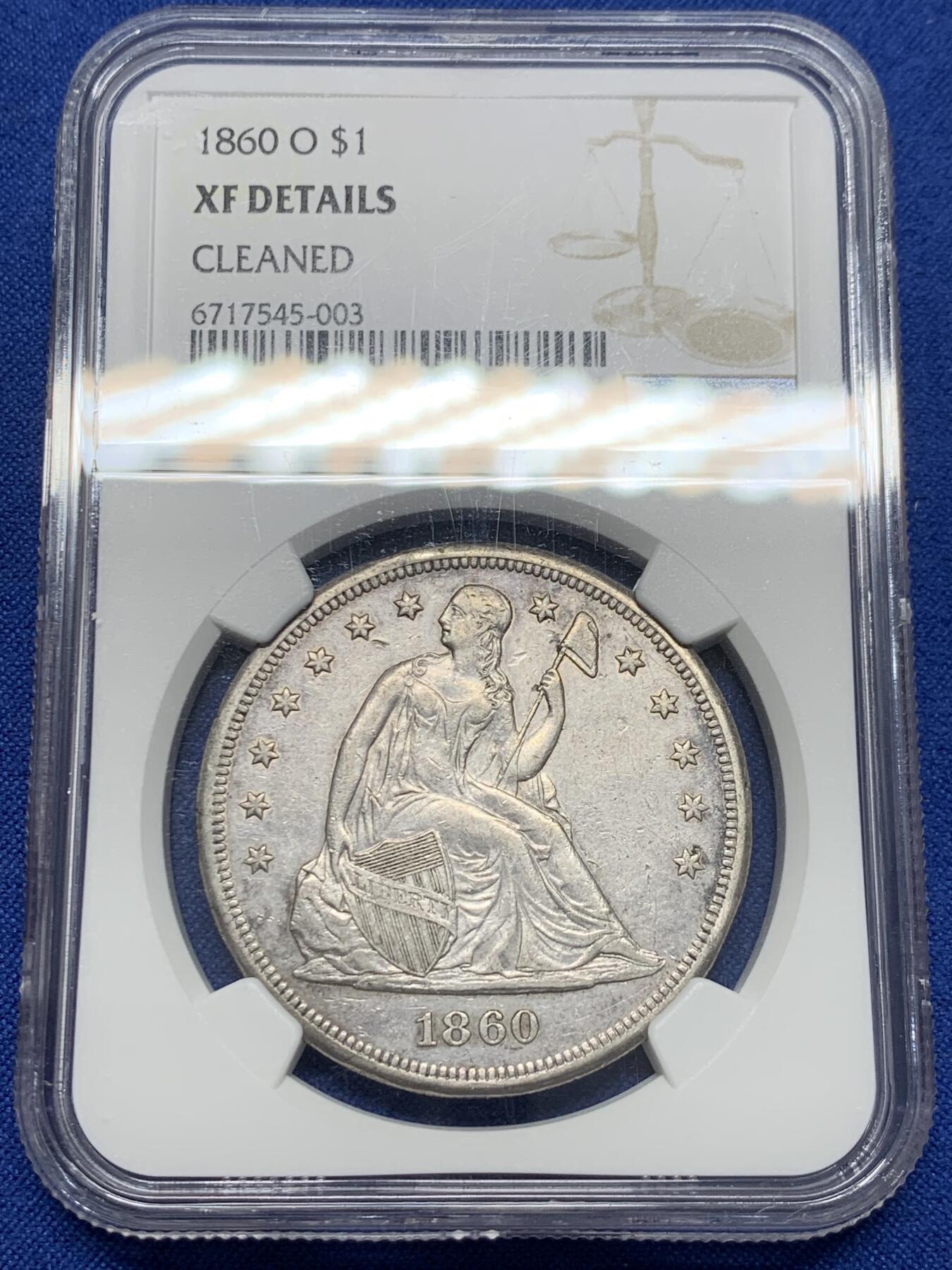 《竞宝斋》第441场 周日，周一，2场连拍 （全场包邮） NGC XFD 美国1860年O版自由女神坐像1美元银币 不带美国箴言“In god we trust”  不常见之物 细节见图