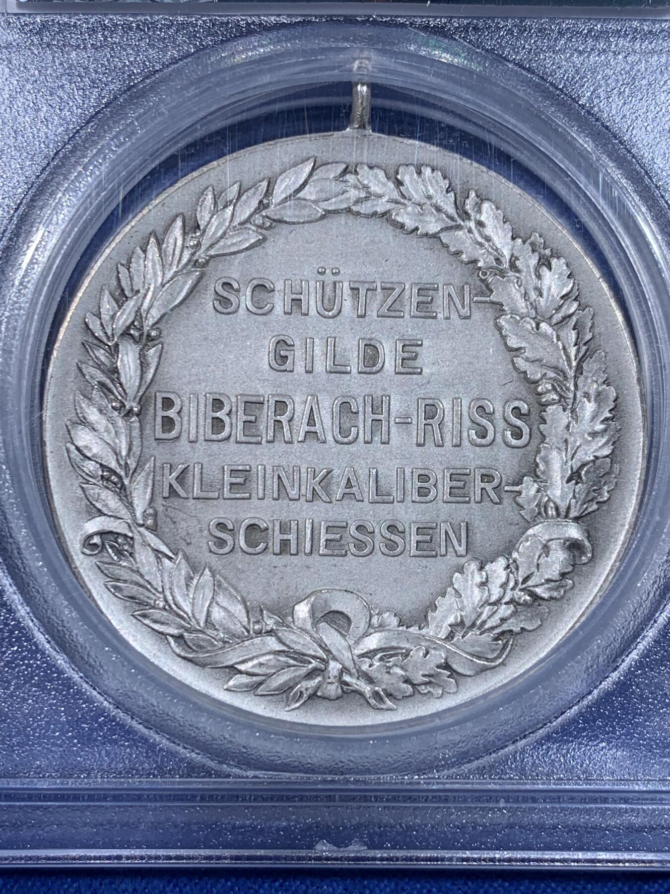 《竞宝斋》第441场 周日，周一，2场连拍 （全场包邮） PCGS MS63 德国  射击节景观镀银纪念章 少见版本 加厚盒装 20世纪铸造