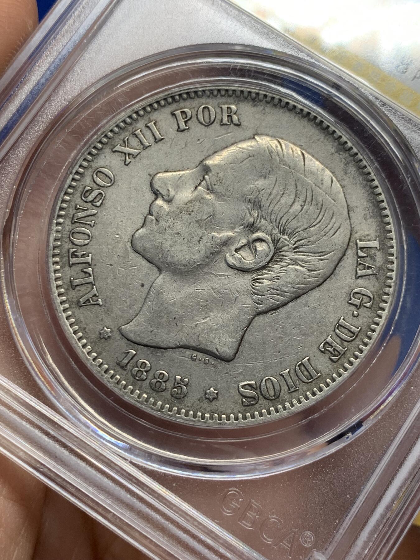 《竞宝斋》第441场 周日，周一，2场连拍 （全场包邮） 公博评级 AU50 西班牙1885年阿方索十二世5比塞塔大银币