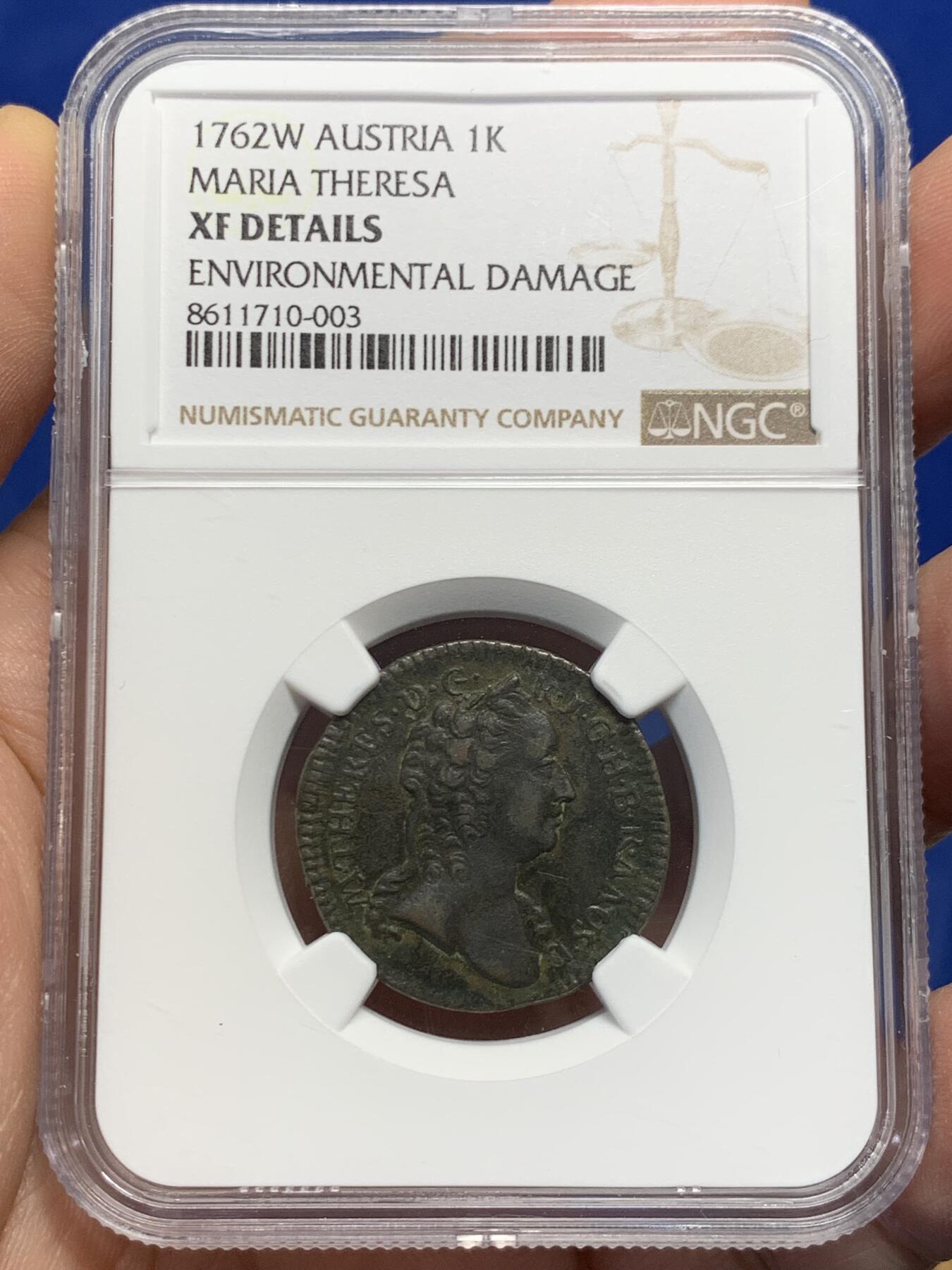 《竞宝斋》第441场 周日，周一，2场连拍 （全场包邮） NGC XFD 神圣罗马帝国 1762 早期1克鲁泽铜币