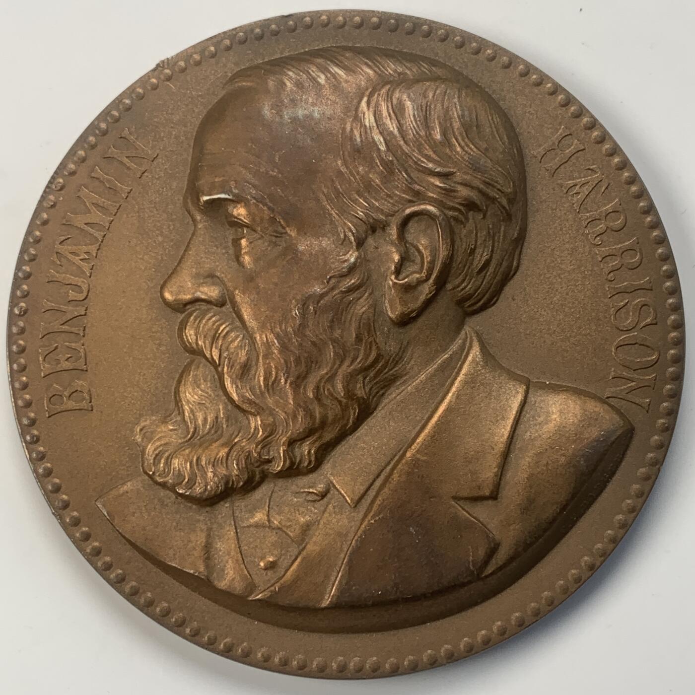 掌中浮雕-藏着的欧洲第043场 1889年美国第23任总统本杰明.哈里森纪念铜章，76mm，234g