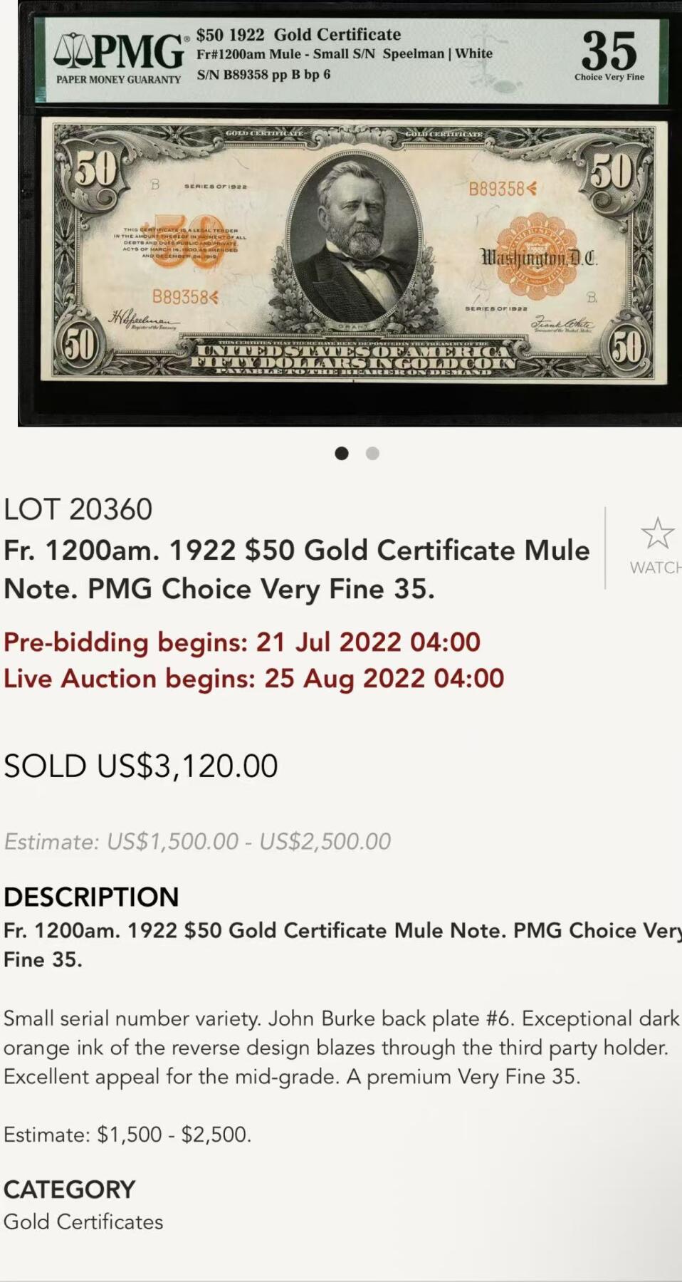 2025十一月第六期，总第204期 压轴珍品，美国1922年金币券50元TQG45分，在本就稀有的金币券中更加少见的“small s/n mule”版本，作为在当年是一笔巨款的黄金兑换券令很多美元藏家望而不可即，也基本是此品种少数几次在国内现身，是机不可失的珍贵品种
