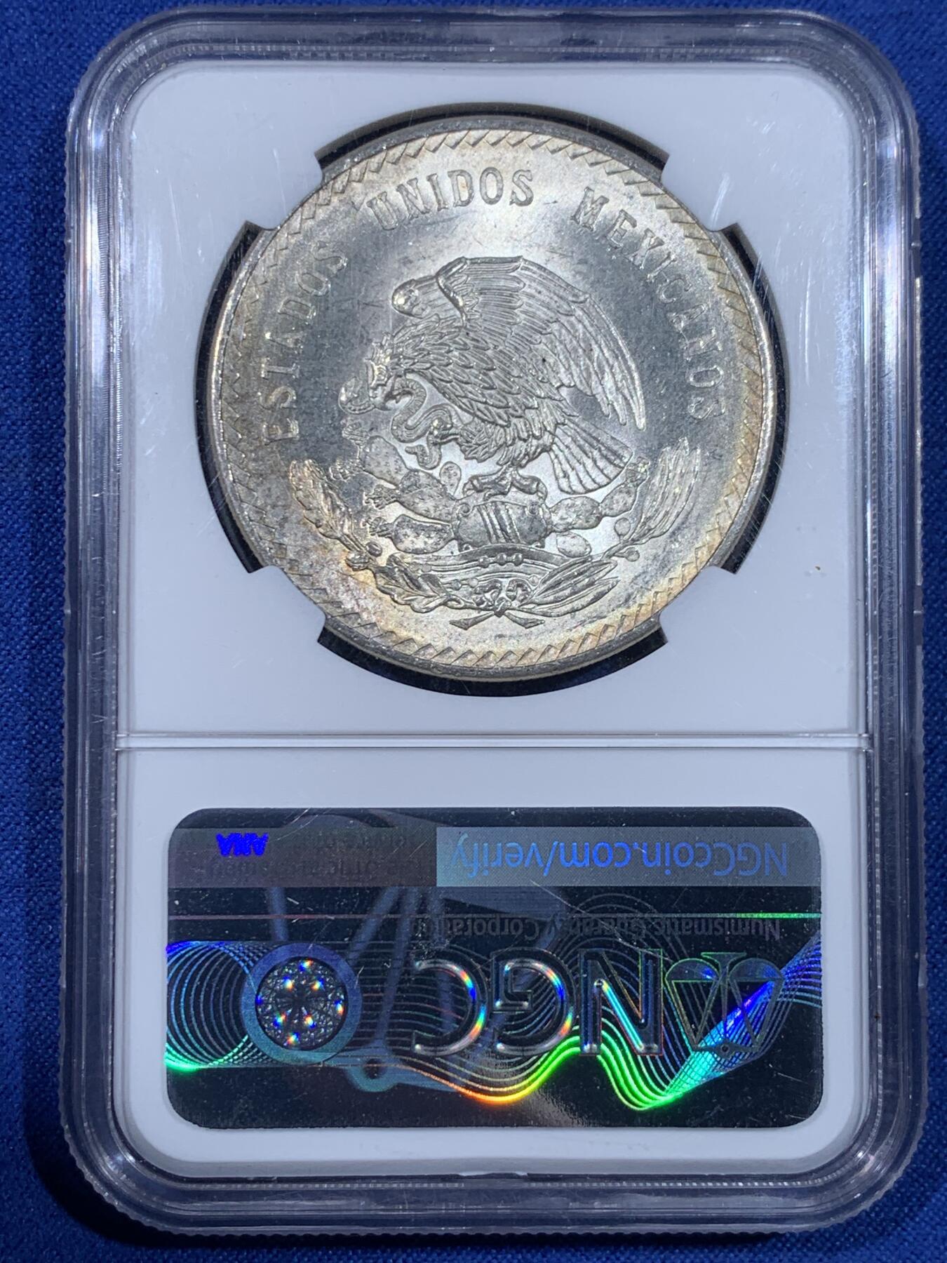 《竞宝斋》第441场 周日，周一，2场连拍 （全场包邮） NGC MS64 墨西哥 1948Mo 酋长5比索 正面的硫化包浆十分好看