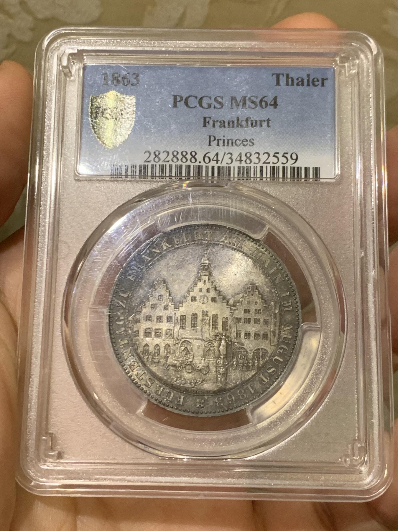 《竞宝斋》第441场 周日，周一，2场连拍 （全场包邮） PCGS MS64 德国1863年法兰克福王子会议泰勒 五彩包浆非常给力的状态