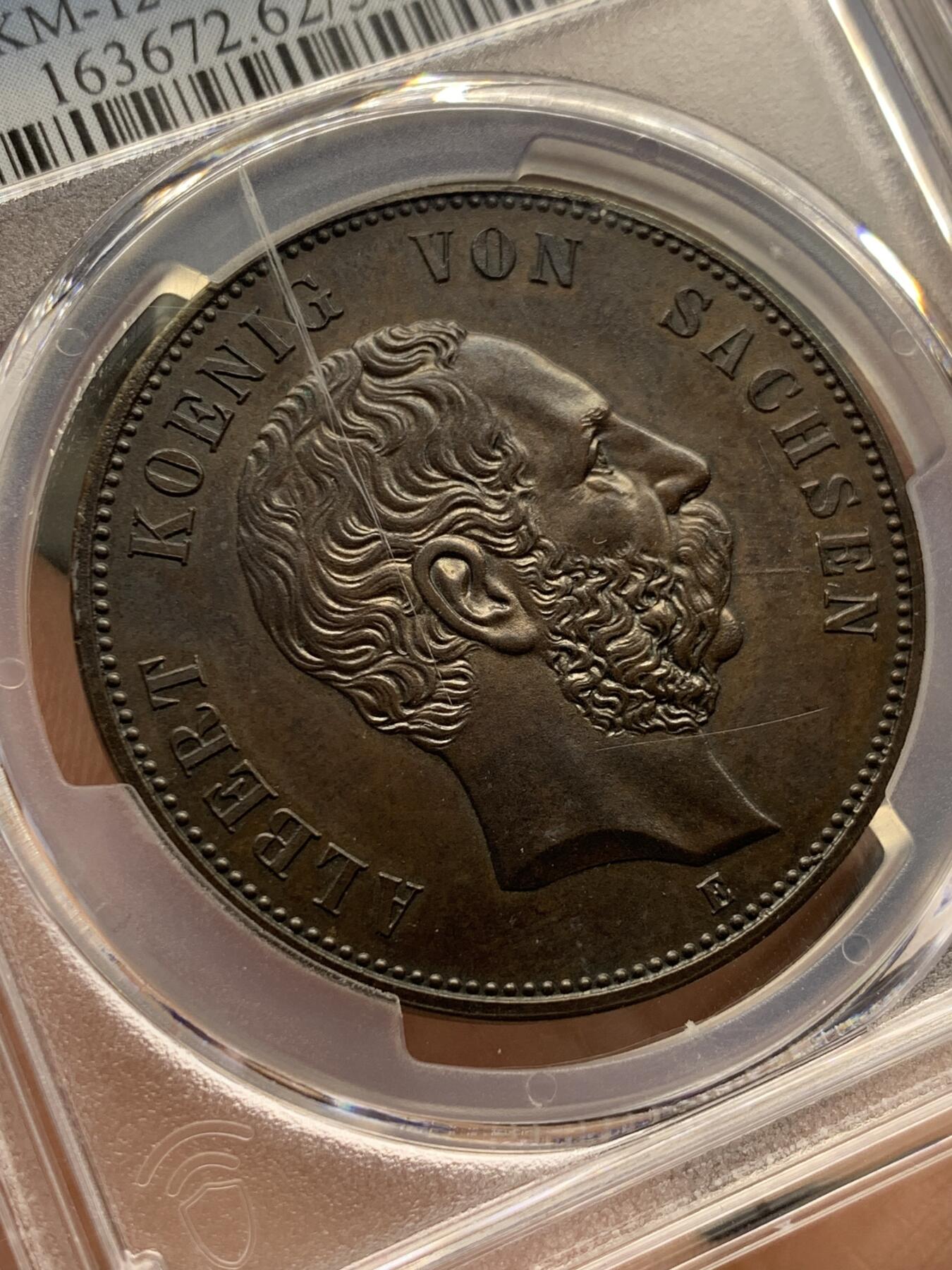 《竞宝斋》第441场 周日，周一，2场连拍 （全场包邮） PCGS SP62BN 德国萨克森1889年韦廷王朝800周年5马克铜币
