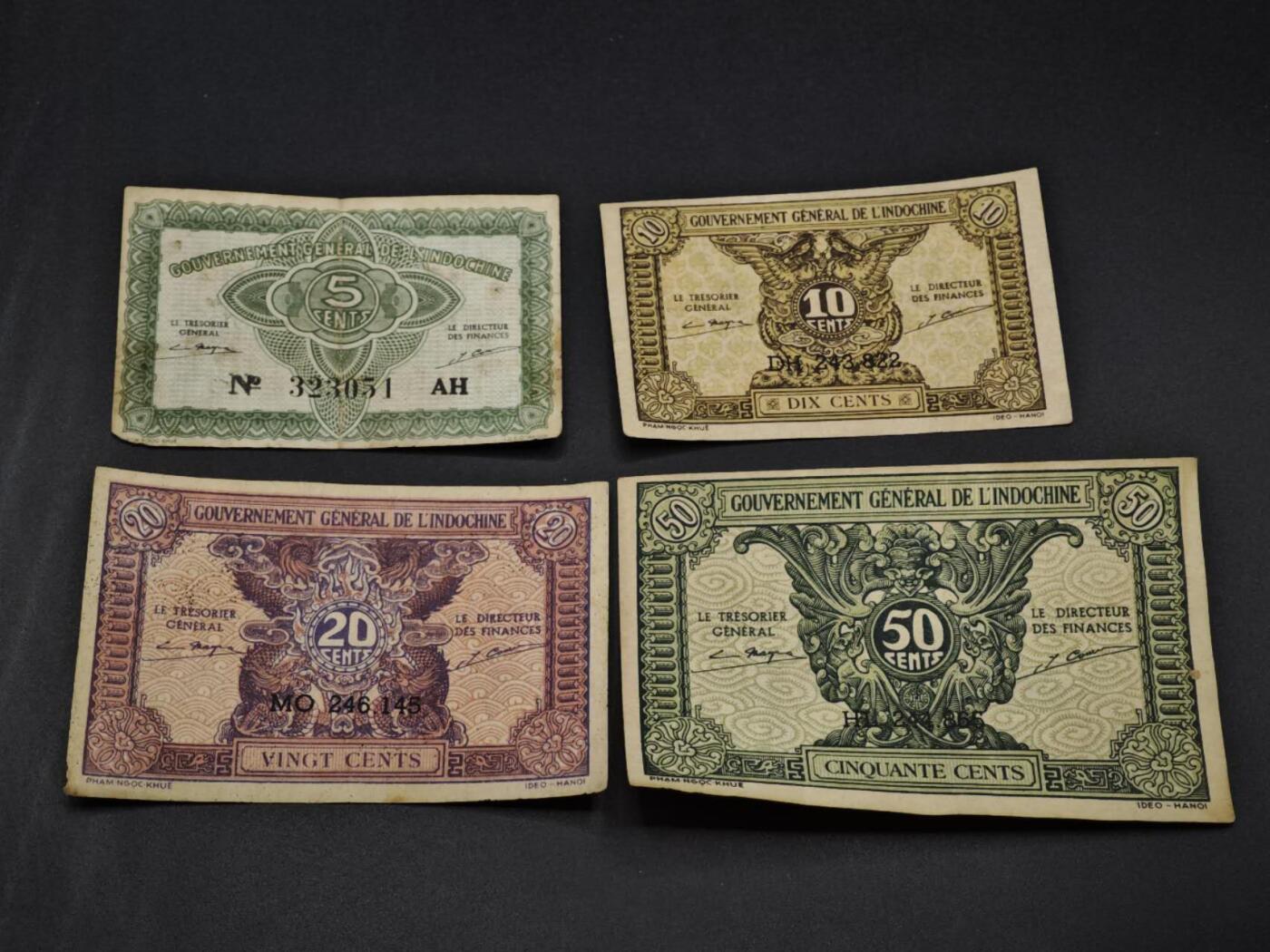 【淘币小摊】实时拍第八百零六拍   纸币场   满百包邮可预留二周 每周一统一发货   法属印支五仙壹毛贰毛五毛纸币4枚套