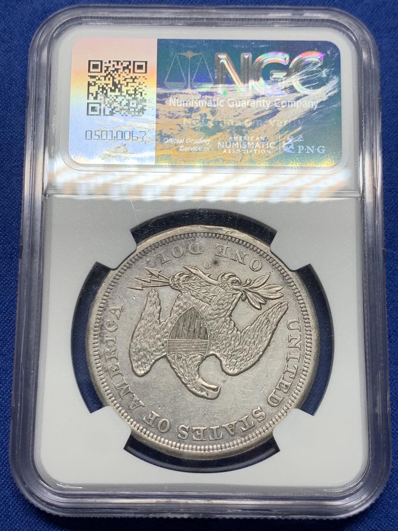 《竞宝斋》第441场 周日，周一，2场连拍 （全场包邮） NGC XFD 美国1860年O版自由女神坐像1美元银币 不带美国箴言“In god we trust”  不常见之物 细节见图