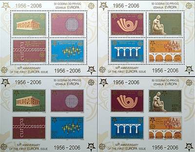 ↓君缘收藏660期☞钱币邮品↓无佣金、可寄存、满30元包邮  - 塞尔维亚和黑山邮票，2005年欧洲邮票发行50周年小全张4全