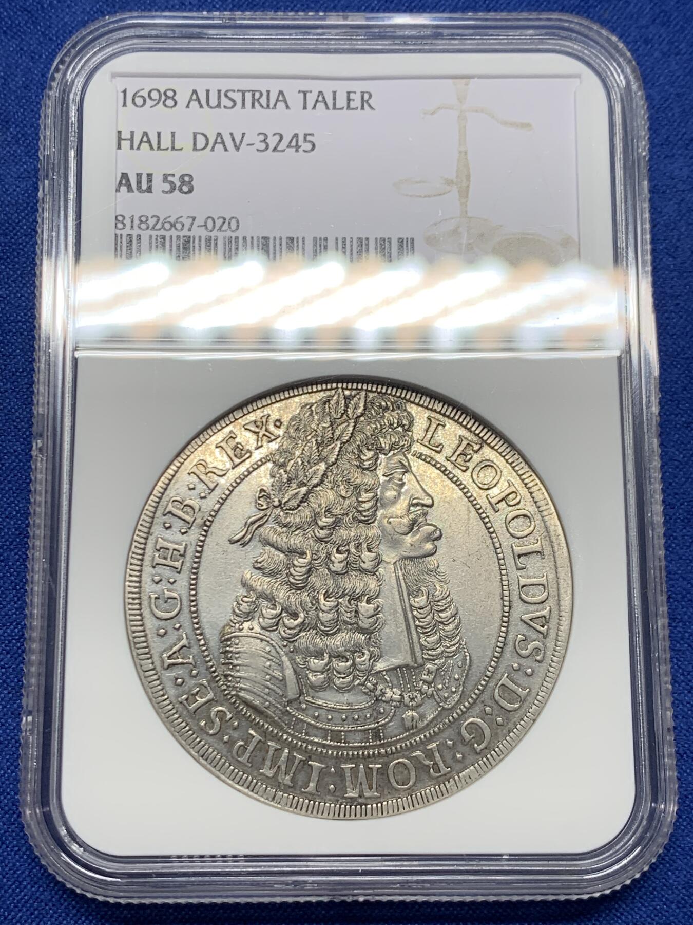 《竞宝斋》第441场 周日，周一，2场连拍 （全场包邮） NGC AU58 神圣罗马帝国 1698年 奥地利哈布斯堡王朝 利奥波德 猪嘴泰勒大银币