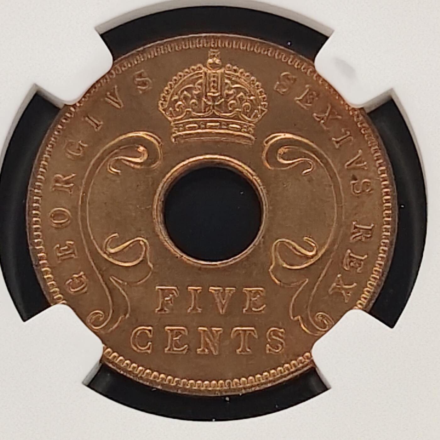 【全场包邮】纯粹捡漏拍481场（免费代拍第18场） 英属东非1952年乔治六世5分铜币-NGC MS65 RB