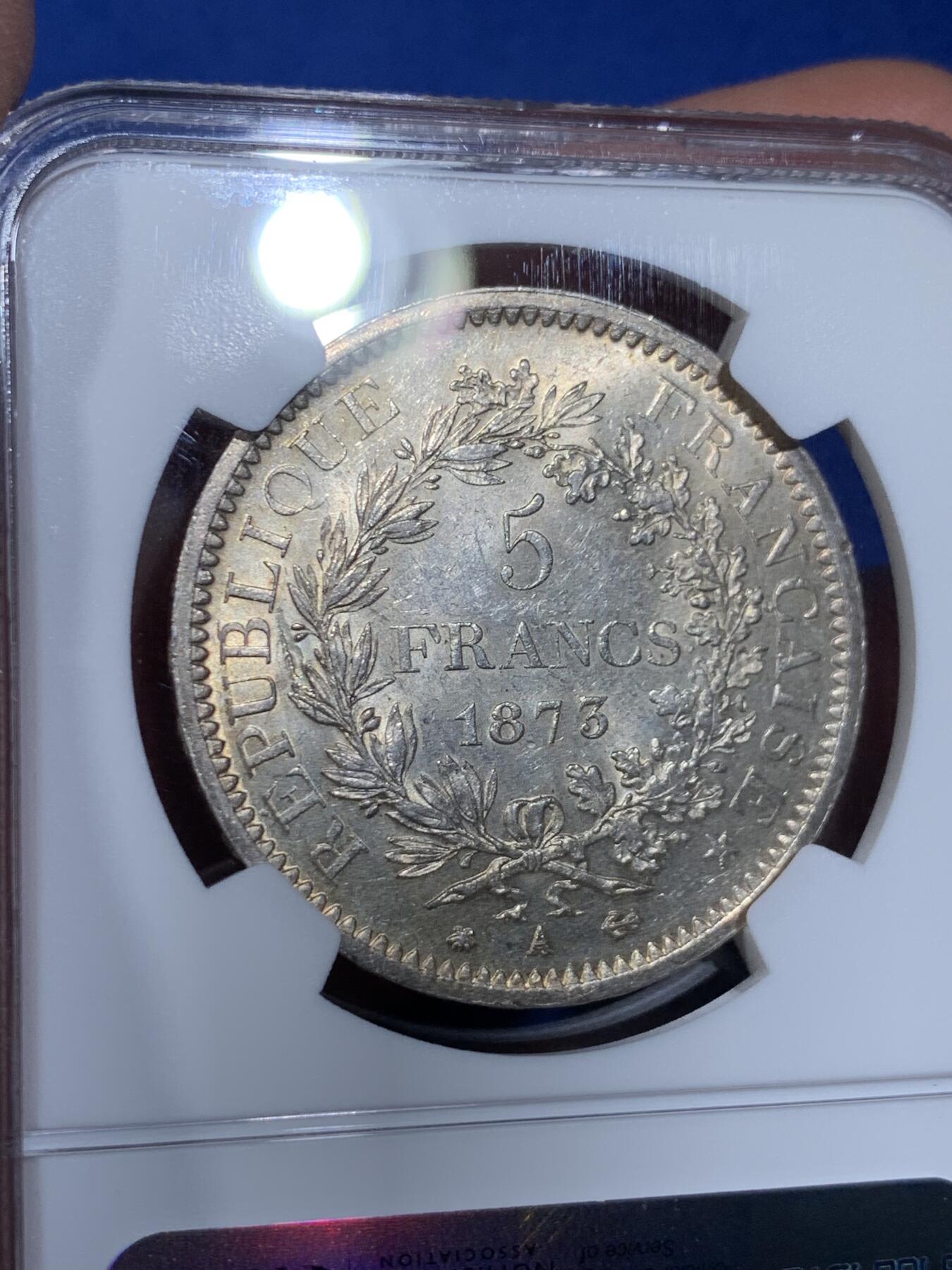 《竞宝斋》第441场 周日，周一，2场连拍 （全场包邮） NGC MS63 法国1873年大力神5法郎银币 黄光柔美 转光丝滑