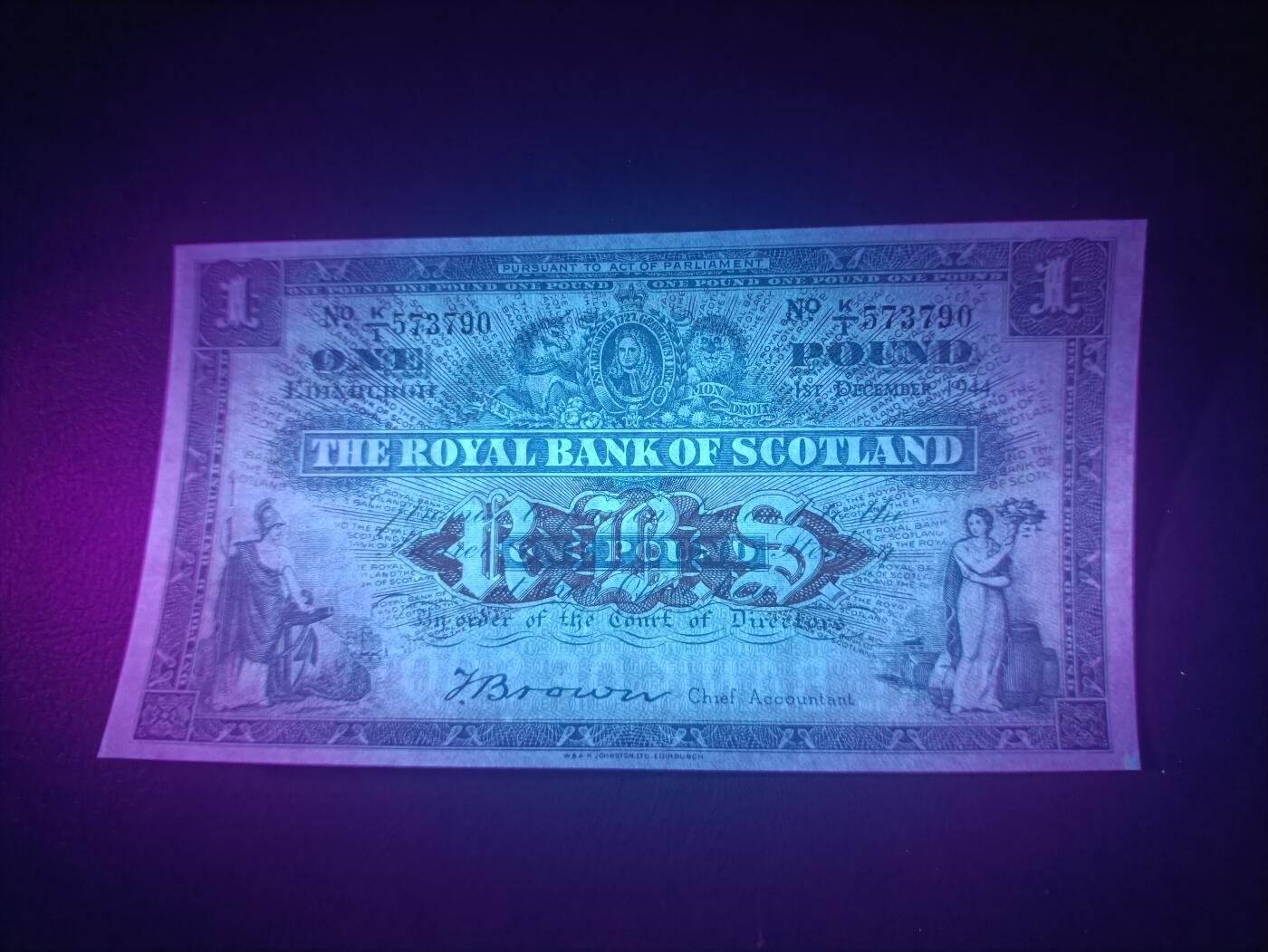 2025十一月第六期，总第204期 苏格兰皇家银行1944年AUNC首冠K/1，不列颠女神和拿花女神/爱丁堡和格拉斯哥的分行，早期少见蓝色墨版本