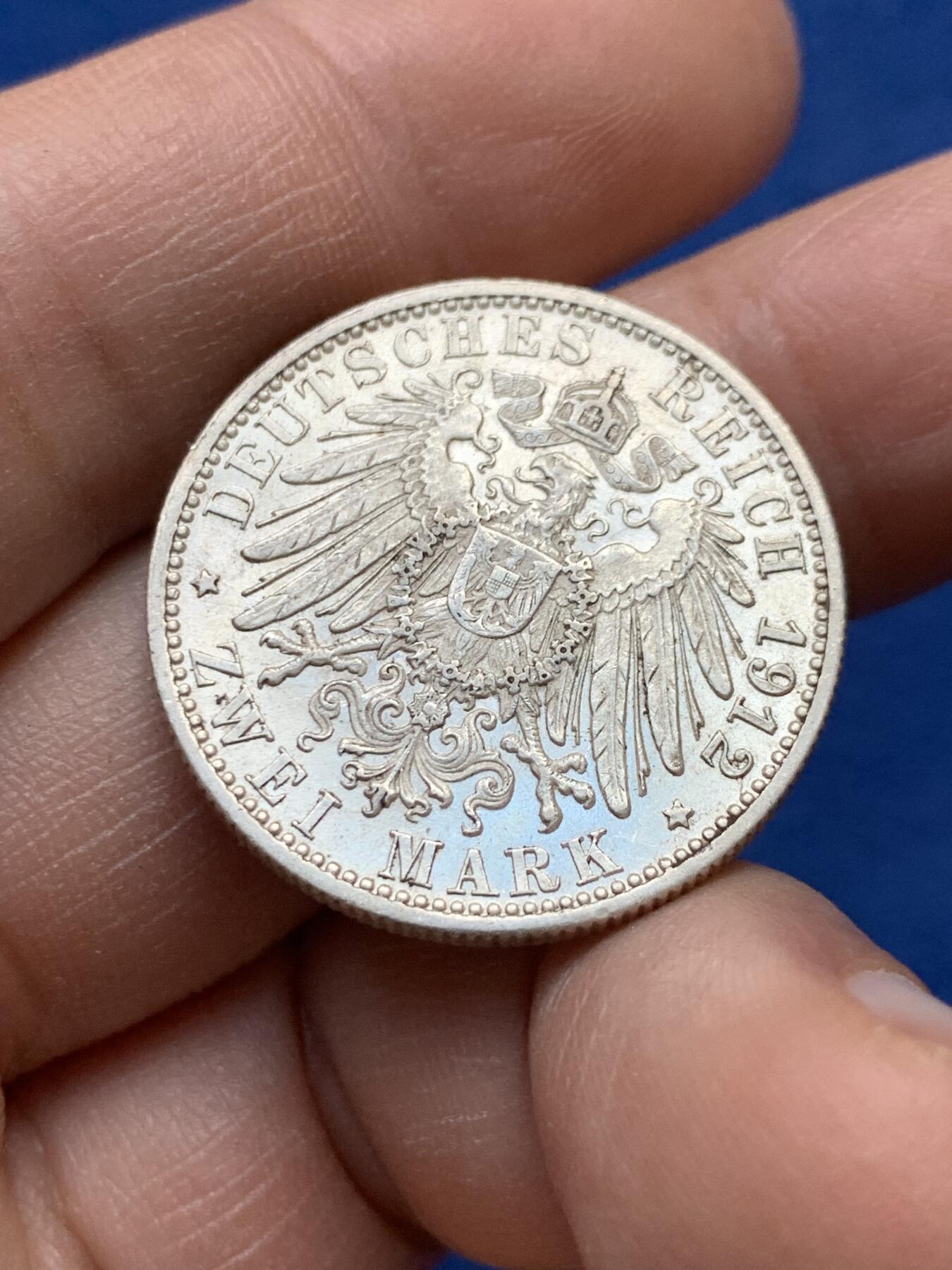 《竞宝斋》第441场 周日，周一，2场连拍 （全场包邮） 德国1912年符登堡2马克银币 好品  底板品相光度都很好