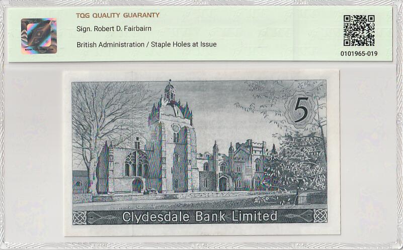 2025十一月第六期，总第204期 苏格兰克莱斯戴勒银行1968年5镑TQG53分，银行徽章和格拉斯哥教堂