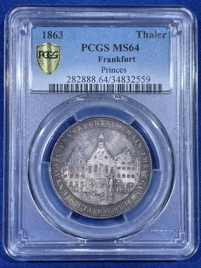 《竞宝斋》第441场 周日，周一，2场连拍 （全场包邮） - PCGS MS64 德国1863年法兰克福王子会议泰勒 五彩包浆非常给力的状态