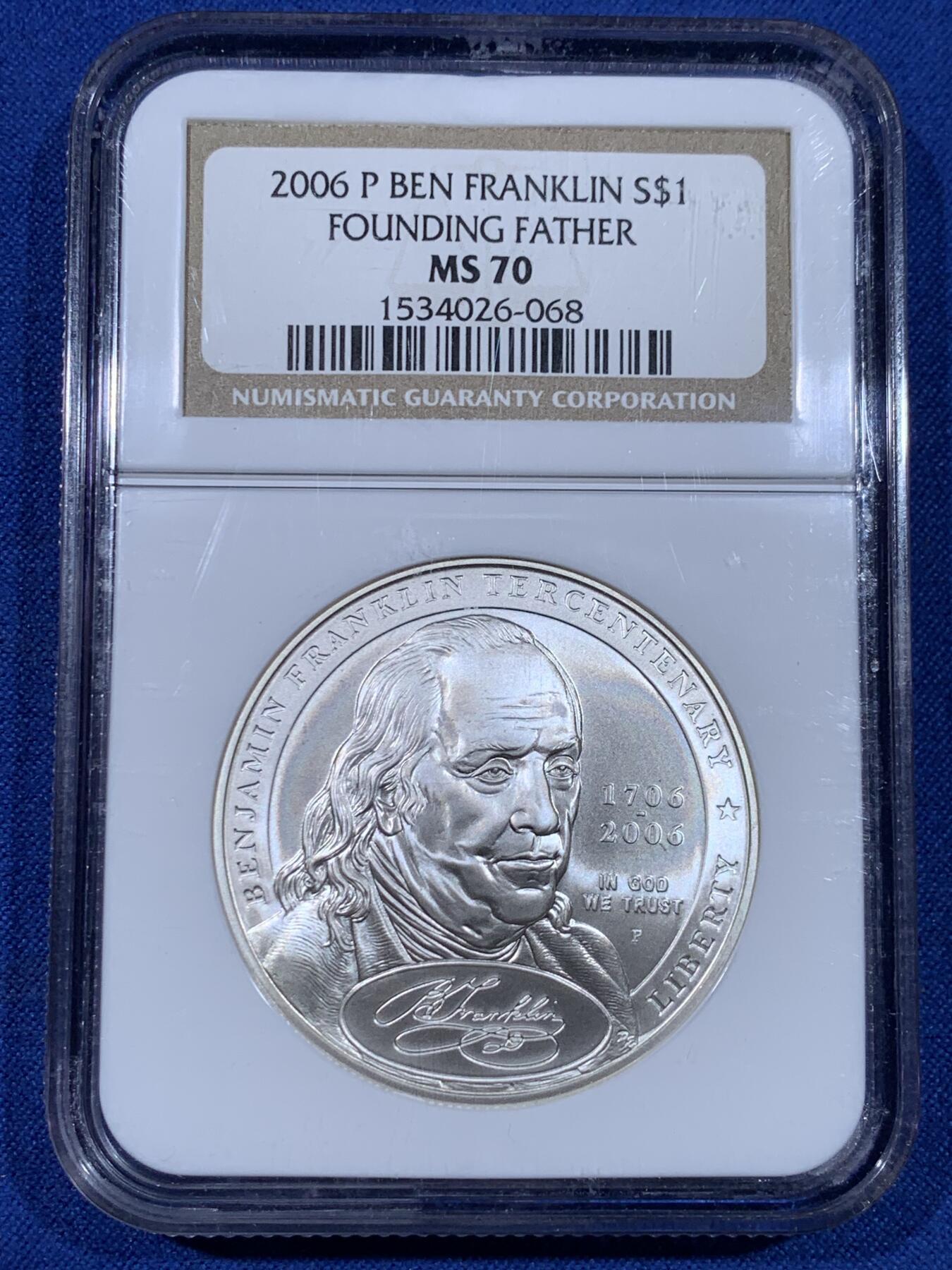 《竞宝斋》第441场 周日，周一，2场连拍 （全场包邮） NGC MS70 美国2006年P版国父富兰克林1美元大银币 满分佳品