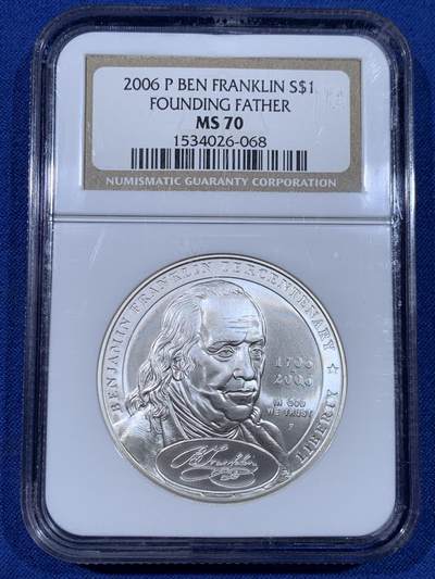 《竞宝斋》第441场 周日，周一，2场连拍 （全场包邮） - NGC MS70 美国2006年P版国父富兰克林1美元大银币 满分佳品