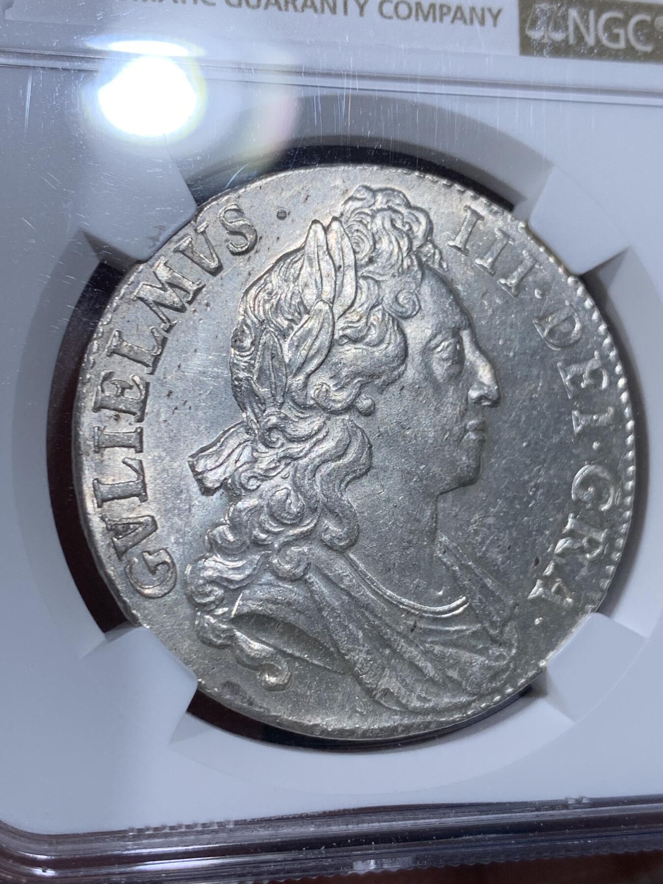 《竞宝斋》第441场 周日，周一，2场连拍 （全场包邮） NGC MS63 英国1695年 威廉三世1克朗银币 全币深打 原银光，历经300多年依然宛如新铸