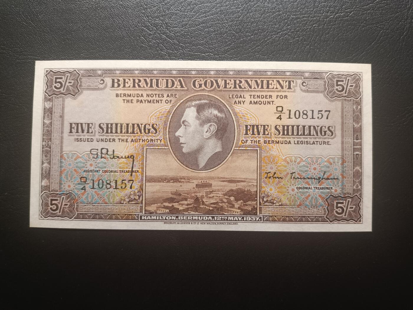 2025十一月第六期，总第204期 英属百慕大1937版5先令AUNC，乔治六世国王和总督府徽章