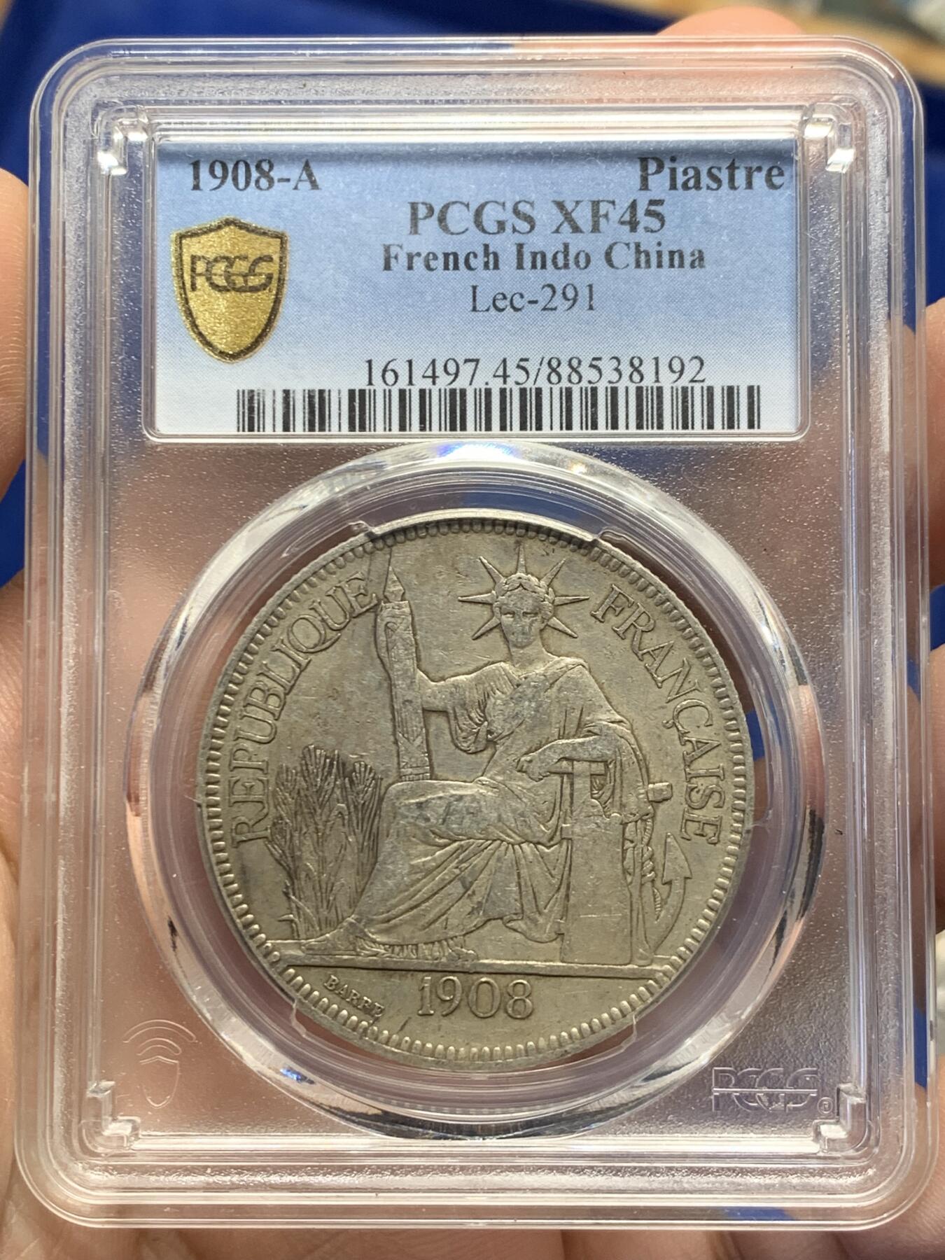 《竞宝斋》第441场 周日，周一，2场连拍 （全场包邮） PCGS XF45 法属印支1908A坐洋一元 包浆不错 值得入手