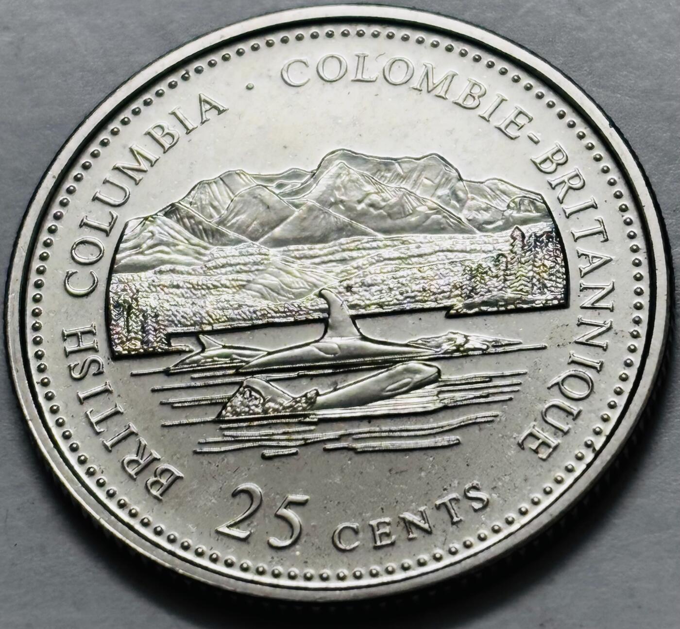 文馨钱币收藏第 282 场，【 长期接收代拍品】，加拿大老铜代用币，银币，德三系列场 少见全新未流通 1992 年加拿大 不列颠哥伦比亚联邦成立 25 周年 25 分纪念币