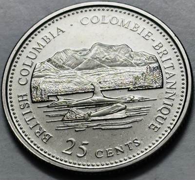 文馨钱币收藏第 282 场，【 长期接收代拍品】，加拿大老铜代用币，银币，德三系列场 - 少见全新未流通 1992 年加拿大 不列颠哥伦比亚联邦成立 25 周年 25 分纪念币