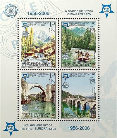 ↓君缘收藏660期☞钱币邮品↓无佣金、可寄存、满30元包邮  - 波黑塞族共和国邮票，2005年欧洲邮票发行50周年·佩鲁希察国家公园,白水漂流,莫斯塔尔古桥,德里纳河大桥邮票小全张