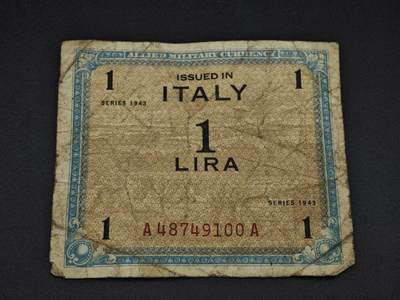 【淘币小摊】实时拍第八百零六拍   纸币场   满百包邮可预留二周 每周一统一发货   - 意大利1943年1里拉纸币【有折】