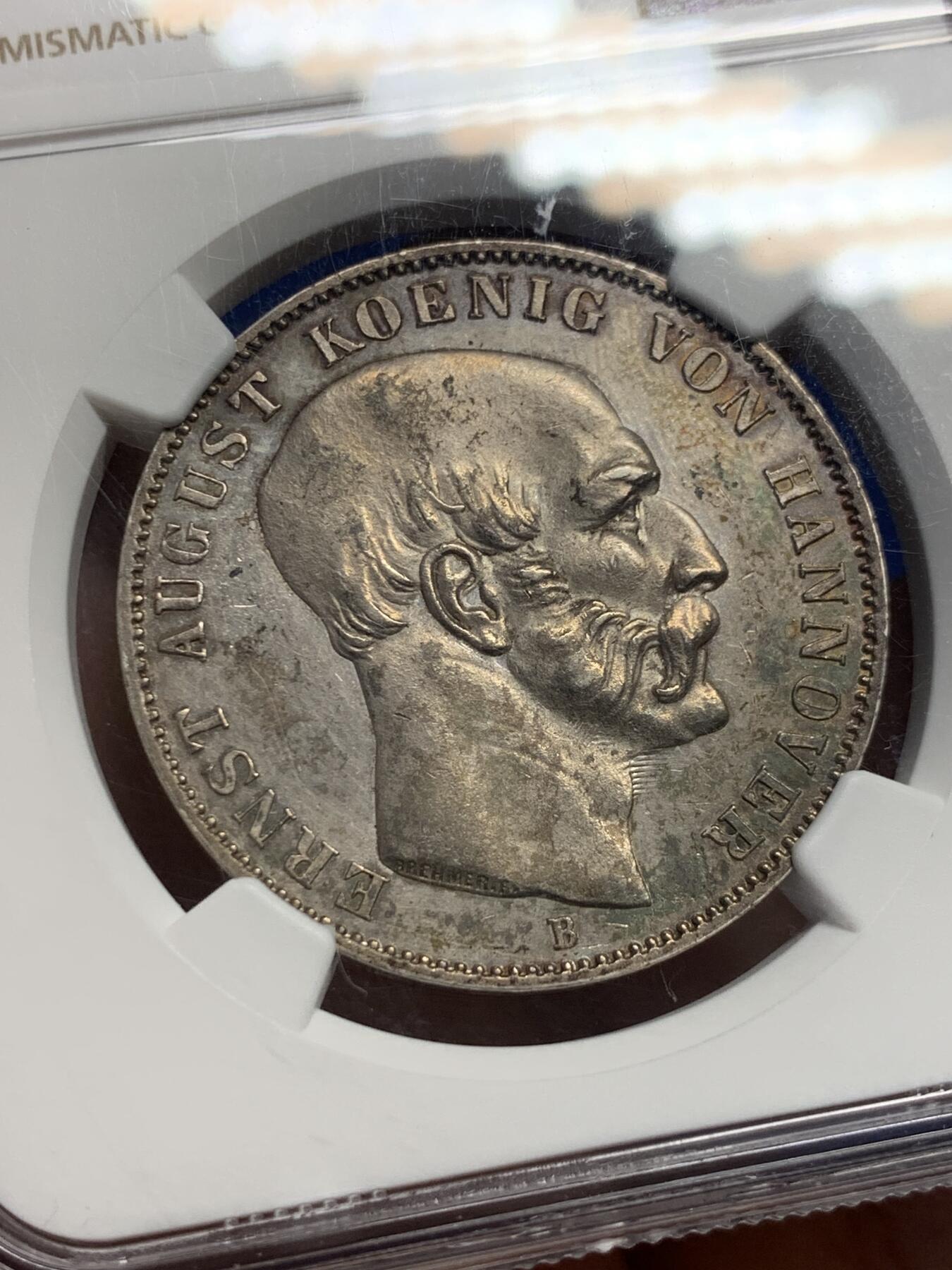 《竞宝斋》第441场 周日，周一，2场连拍 （全场包邮） NGC UNC 德国1849年汉诺威奥古斯特泰勒银币 包浆很好看 可在送评博分